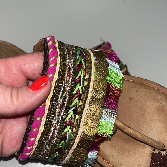 Anthropologie Z&L boho coin embellished fringe style leather flip flops size 39 - Picture 11 of 16